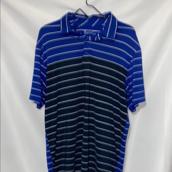 UNDER ARMOUR LOOSE HEATGEAR MENS LG Blue and Black Performance Polo Shirt. CLEAN - Picture 1 of 10
